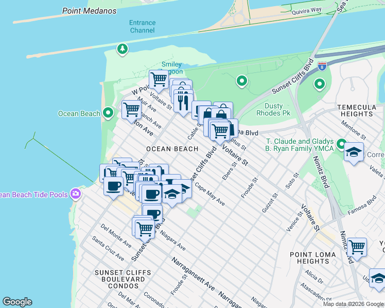map of restaurants, bars, coffee shops, grocery stores, and more near 2121 Cable Street in San Diego