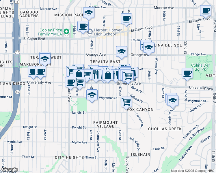 map of restaurants, bars, coffee shops, grocery stores, and more near 3877 46th Street in San Diego