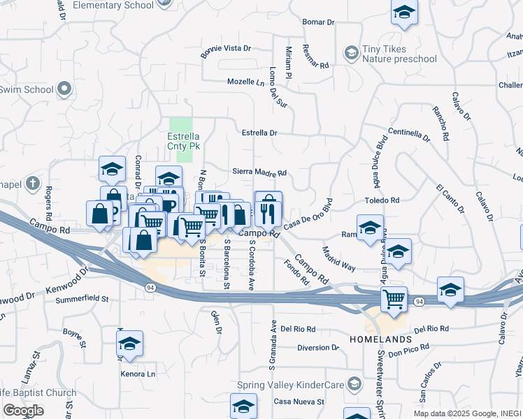 map of restaurants, bars, coffee shops, grocery stores, and more near 10010 San Juan Street in Spring Valley