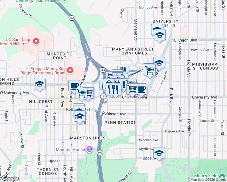 map of restaurants, bars, coffee shops, grocery stores, and more near 1030 University Avenue in San Diego
