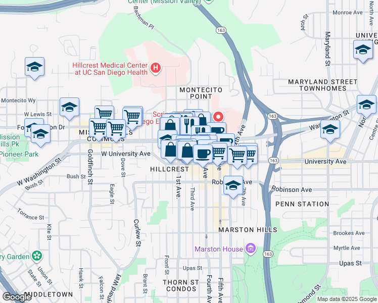 map of restaurants, bars, coffee shops, grocery stores, and more near 3944 3rd Avenue in San Diego