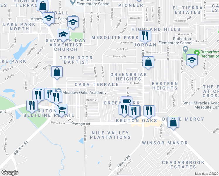 map of restaurants, bars, coffee shops, grocery stores, and more near 1332 Greenway Drive in Mesquite