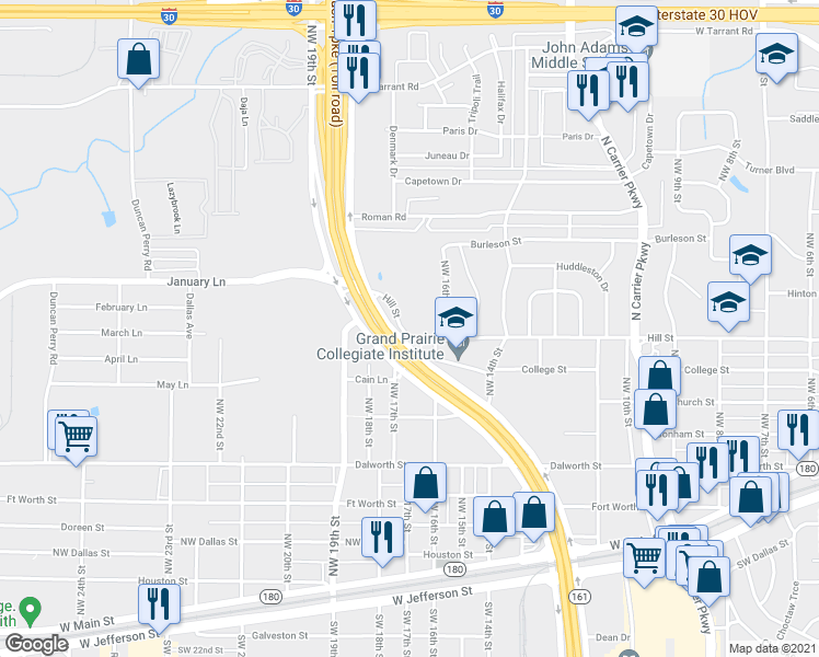 map of restaurants, bars, coffee shops, grocery stores, and more near 1614 Hill Street in Grand Prairie