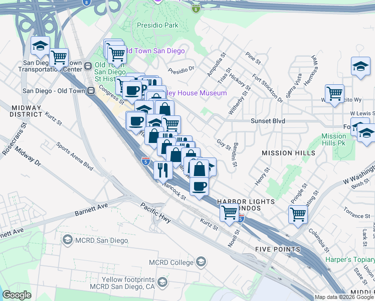 map of restaurants, bars, coffee shops, grocery stores, and more near Congress Street & Hortensia Street in San Diego