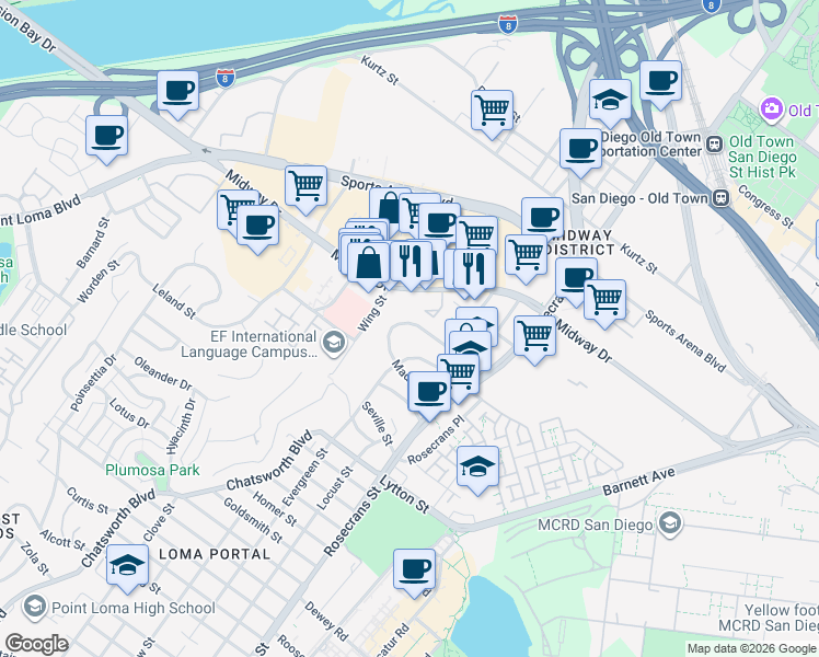 map of restaurants, bars, coffee shops, grocery stores, and more near 3143 Meadow Grove Drive in San Diego