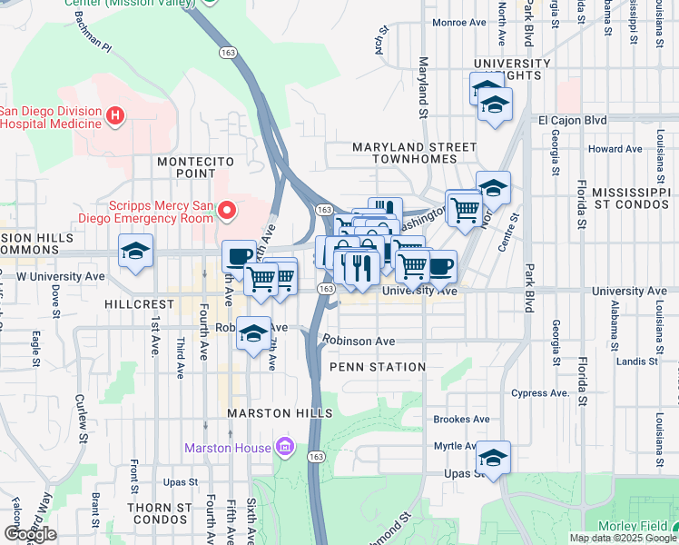 map of restaurants, bars, coffee shops, grocery stores, and more near 10th Avenue in San Diego