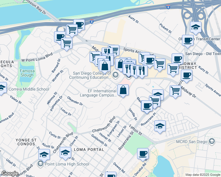 map of restaurants, bars, coffee shops, grocery stores, and more near 3477 Coastline Place in San Diego
