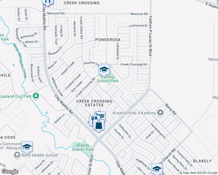 map of restaurants, bars, coffee shops, grocery stores, and more near 2821 Clearmeadow Drive in Mesquite