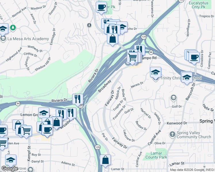 map of restaurants, bars, coffee shops, grocery stores, and more near 8465 Broadway in Lemon Grove