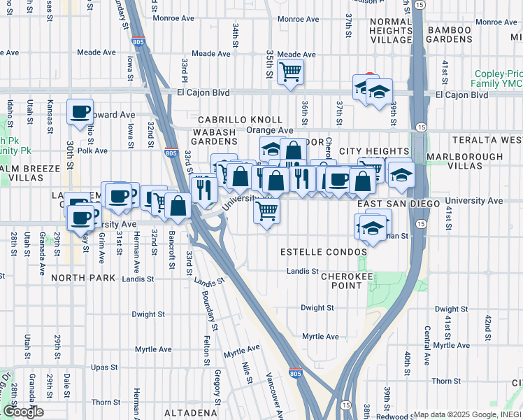 map of restaurants, bars, coffee shops, grocery stores, and more near 3489 University Avenue in San Diego