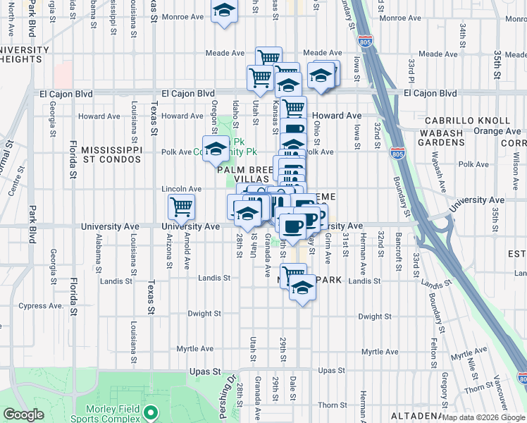 map of restaurants, bars, coffee shops, grocery stores, and more near 3953 Utah Street in San Diego