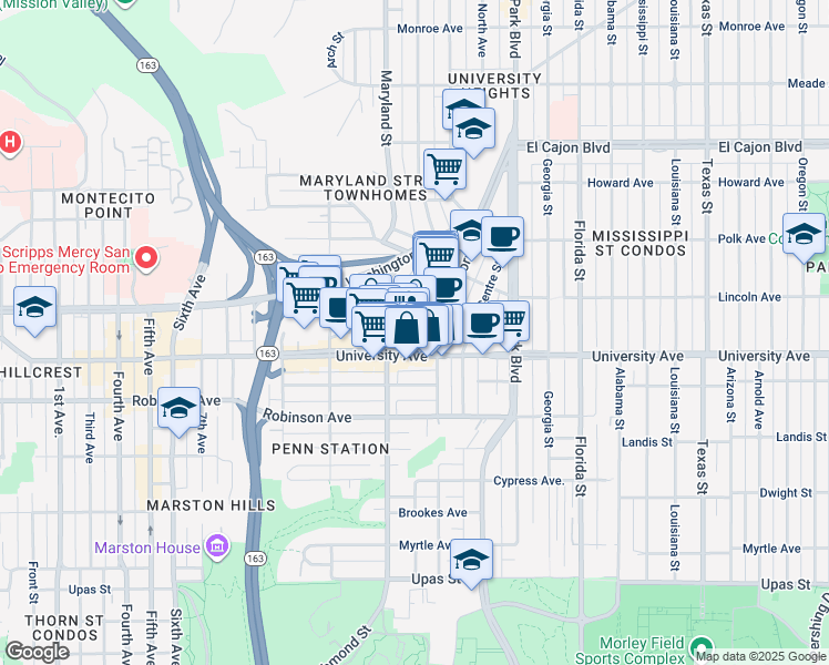 map of restaurants, bars, coffee shops, grocery stores, and more near 1534 Harvey Milk Street in San Diego