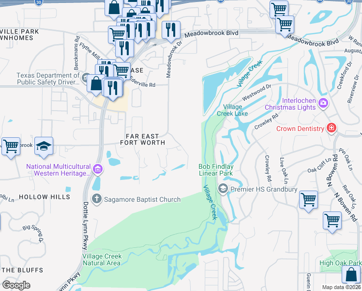map of restaurants, bars, coffee shops, grocery stores, and more near 2117 Greta Lane in Fort Worth