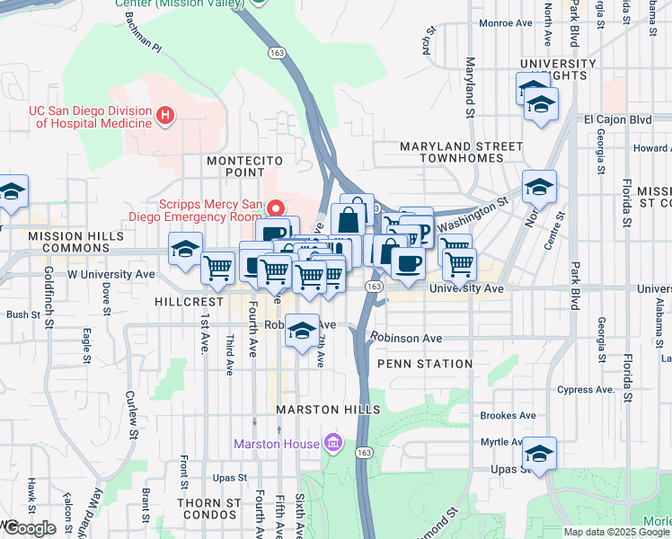 map of restaurants, bars, coffee shops, grocery stores, and more near in San Diego