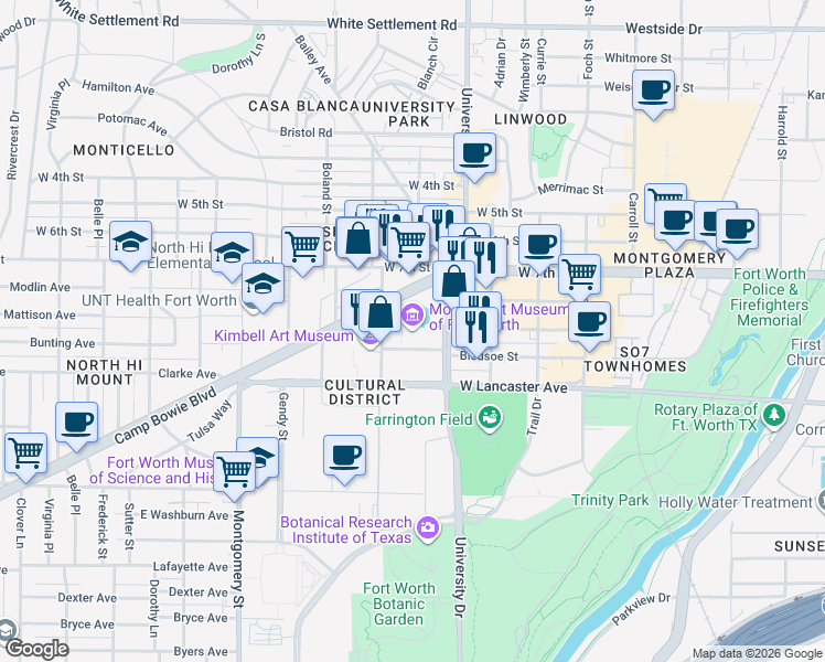 map of restaurants, bars, coffee shops, grocery stores, and more near 3200 Darnell Street in Fort Worth