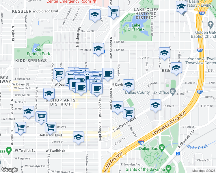 map of restaurants, bars, coffee shops, grocery stores, and more near 108 West Davis Street in Dallas