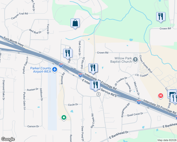 map of restaurants, bars, coffee shops, grocery stores, and more near 4011 Fort Worth Highway in Weatherford