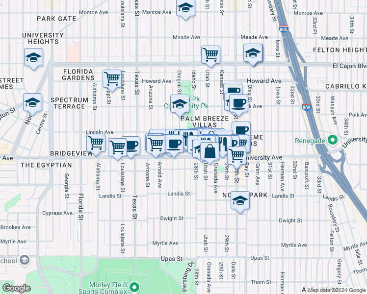 map of restaurants, bars, coffee shops, grocery stores, and more near 3935 Oregon Street in San Diego
