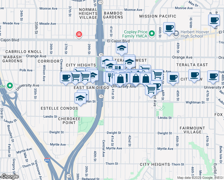 map of restaurants, bars, coffee shops, grocery stores, and more near 4144 University Avenue in San Diego