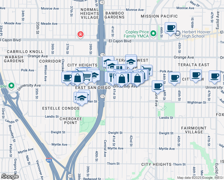 map of restaurants, bars, coffee shops, grocery stores, and more near 4055 University Avenue in San Diego