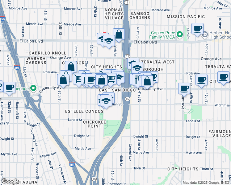 map of restaurants, bars, coffee shops, grocery stores, and more near 3842 University Avenue in San Diego