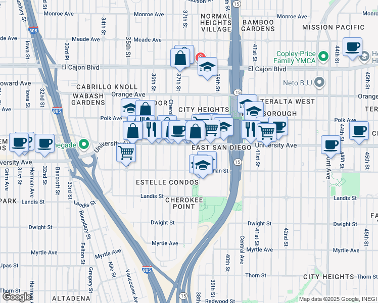 map of restaurants, bars, coffee shops, grocery stores, and more near 3725 University Avenue in San Diego