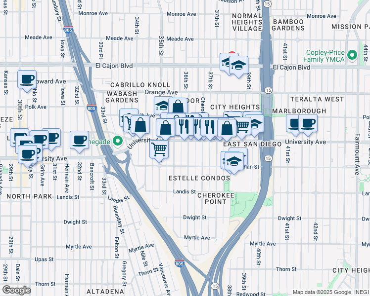 map of restaurants, bars, coffee shops, grocery stores, and more near 3615 University Avenue in San Diego