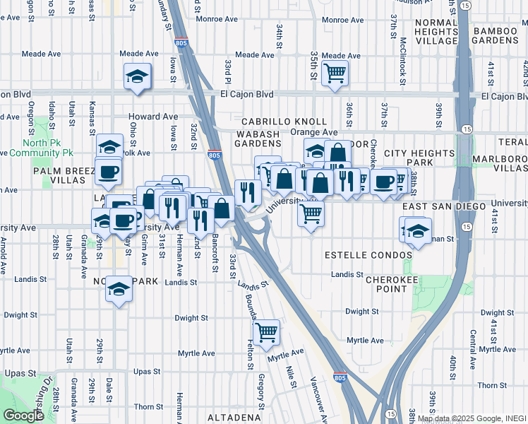 map of restaurants, bars, coffee shops, grocery stores, and more near 3930 Wabash Avenue in San Diego