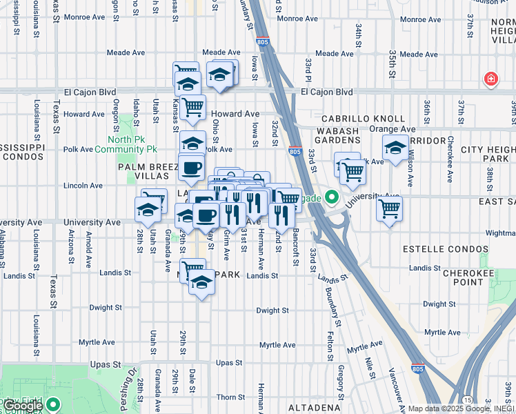 map of restaurants, bars, coffee shops, grocery stores, and more near 3939 Iowa Street in San Diego