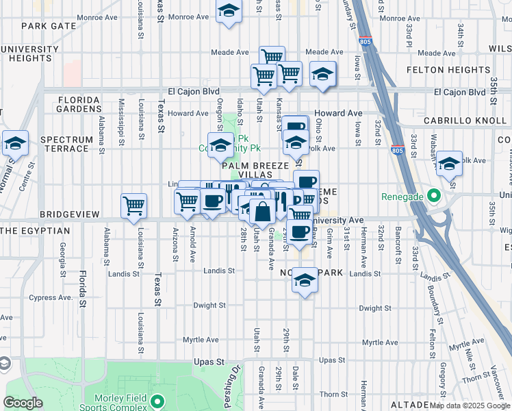 map of restaurants, bars, coffee shops, grocery stores, and more near 3951 Idaho Street in San Diego