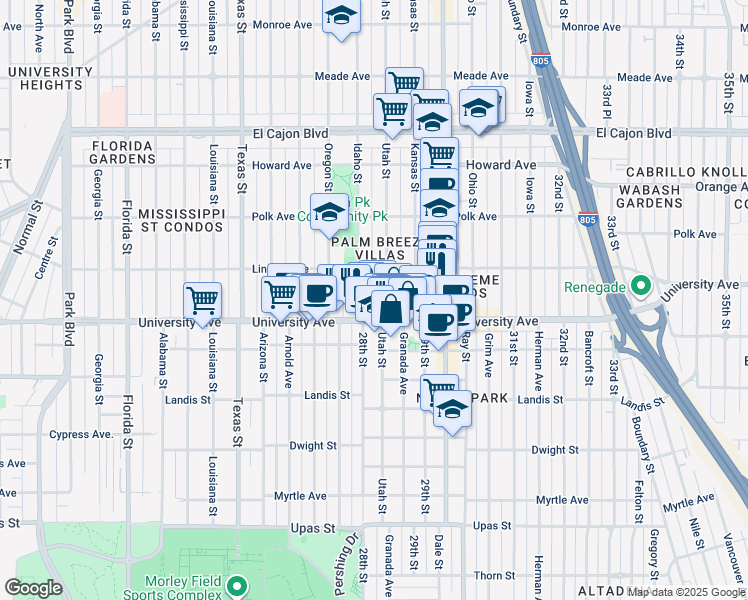 map of restaurants, bars, coffee shops, grocery stores, and more near 3951 Idaho Street in San Diego