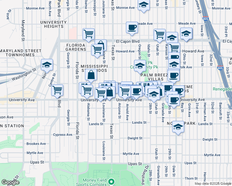 map of restaurants, bars, coffee shops, grocery stores, and more near 3952 Arizona Street in San Diego