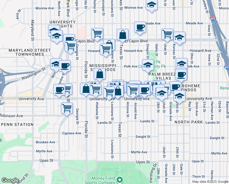 map of restaurants, bars, coffee shops, grocery stores, and more near 3953 Louisiana Street in San Diego