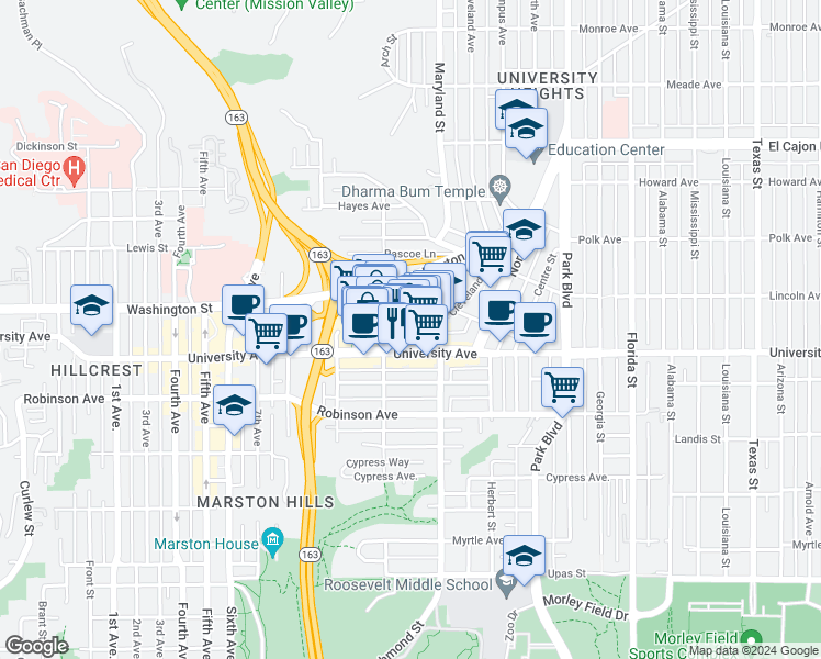 map of restaurants, bars, coffee shops, grocery stores, and more near 1220 Cleveland Avenue in San Diego