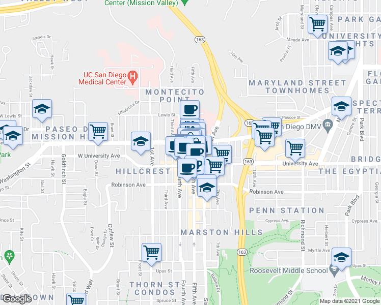 map of restaurants, bars, coffee shops, grocery stores, and more near 3964 Fifth Avenue in San Diego