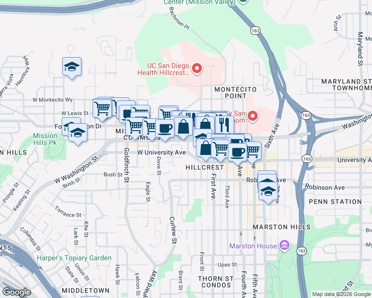 map of restaurants, bars, coffee shops, grocery stores, and more near 3972 Albatross Street in San Diego