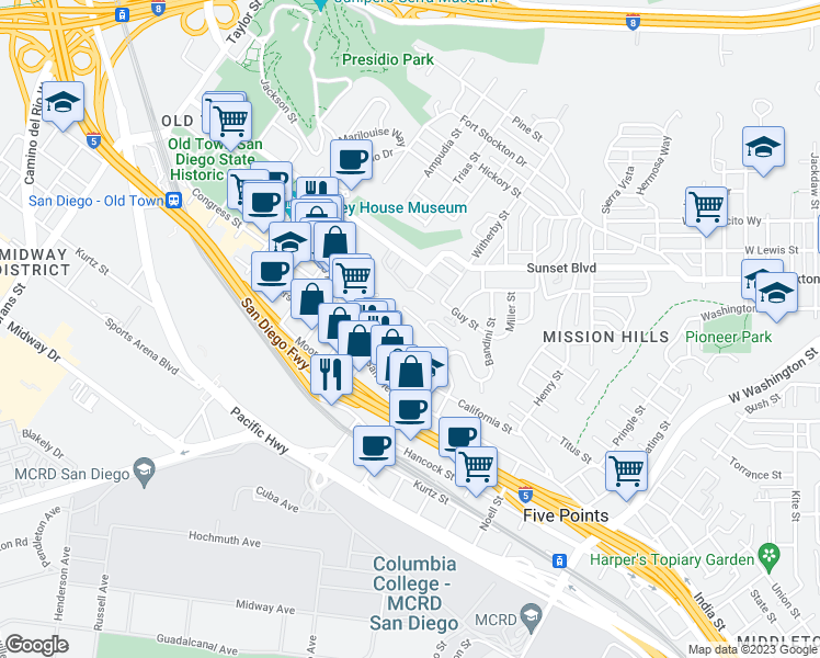 map of restaurants, bars, coffee shops, grocery stores, and more near 3965 Hortensia Street in San Diego