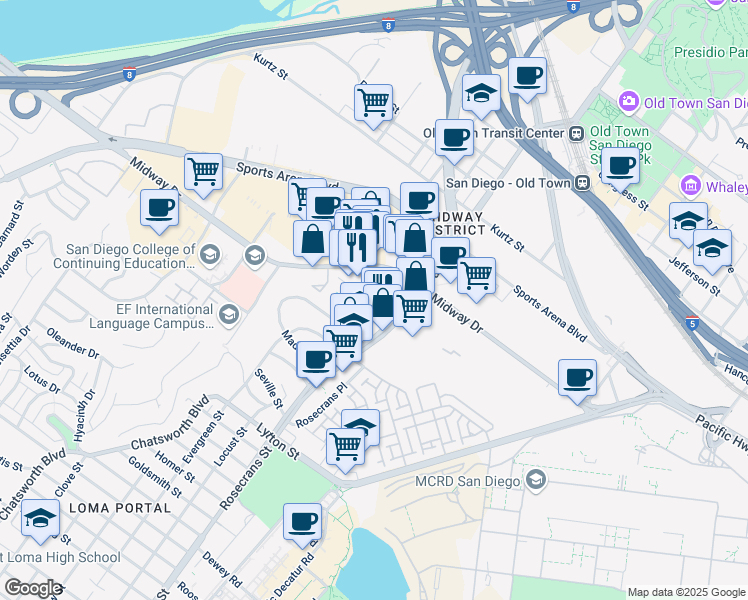 map of restaurants, bars, coffee shops, grocery stores, and more near 3330 Gaines Street in San Diego