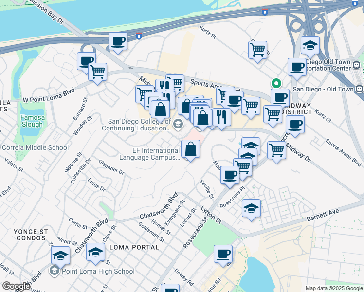 map of restaurants, bars, coffee shops, grocery stores, and more near 3250 Kenyon Street in San Diego