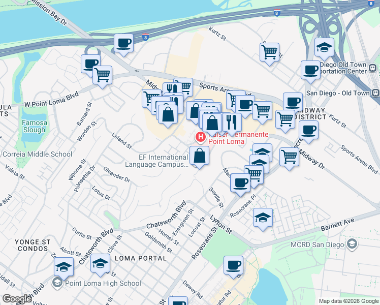 map of restaurants, bars, coffee shops, grocery stores, and more near 3250 Kenyon Street in San Diego