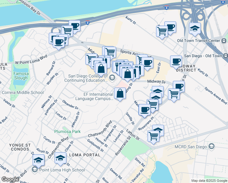 map of restaurants, bars, coffee shops, grocery stores, and more near 3250 Kenyon Street in San Diego
