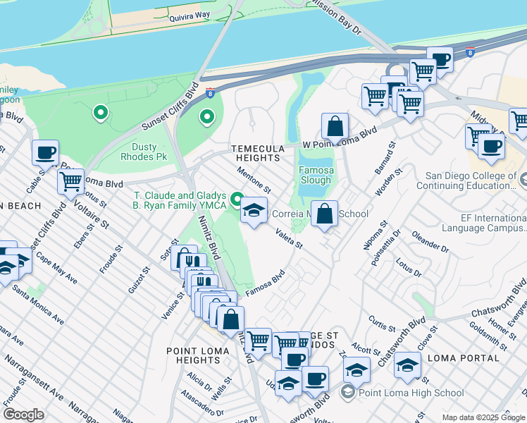 map of restaurants, bars, coffee shops, grocery stores, and more near 2616 Camulos Street in San Diego