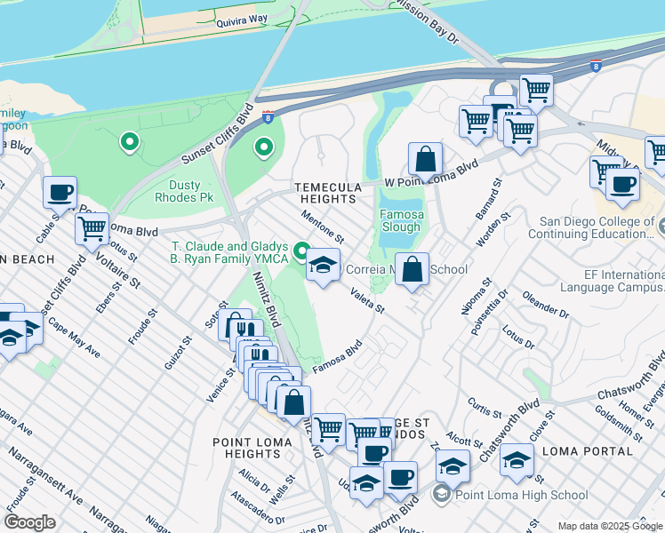 map of restaurants, bars, coffee shops, grocery stores, and more near 2616 Camulos Street in San Diego