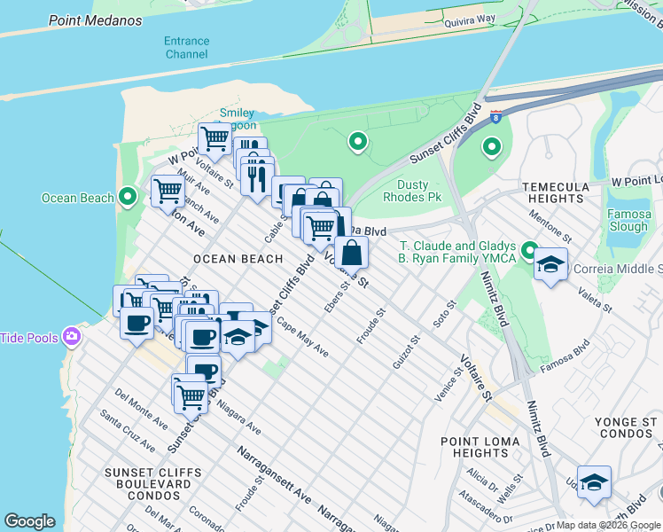 map of restaurants, bars, coffee shops, grocery stores, and more near in San Diego