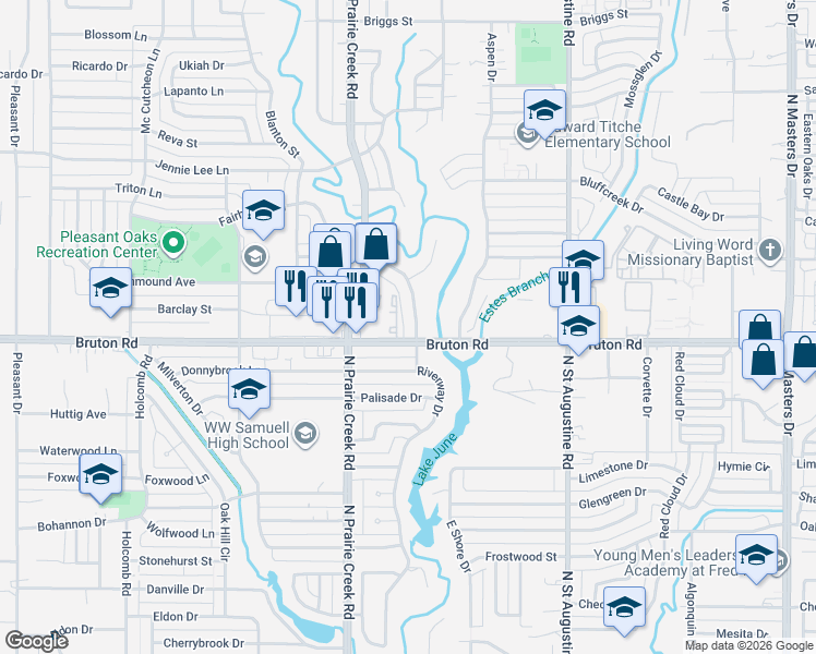 map of restaurants, bars, coffee shops, grocery stores, and more near 2117 Riverway Drive in Dallas