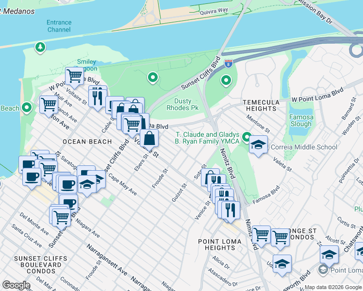 map of restaurants, bars, coffee shops, grocery stores, and more near 4620 Greene Street in San Diego