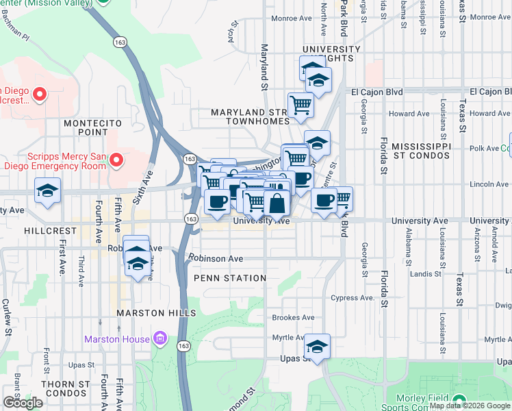map of restaurants, bars, coffee shops, grocery stores, and more near 1286 University Avenue in San Diego