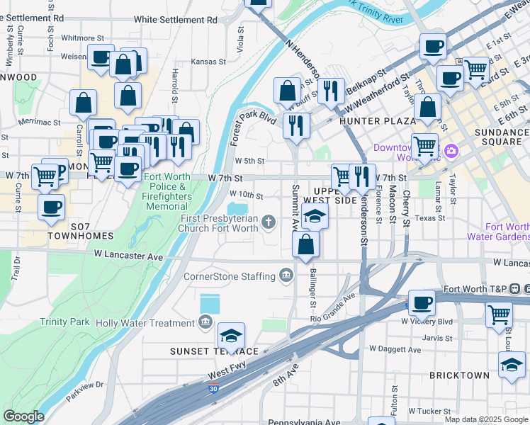 map of restaurants, bars, coffee shops, grocery stores, and more near 1600 Texas Street in Fort Worth