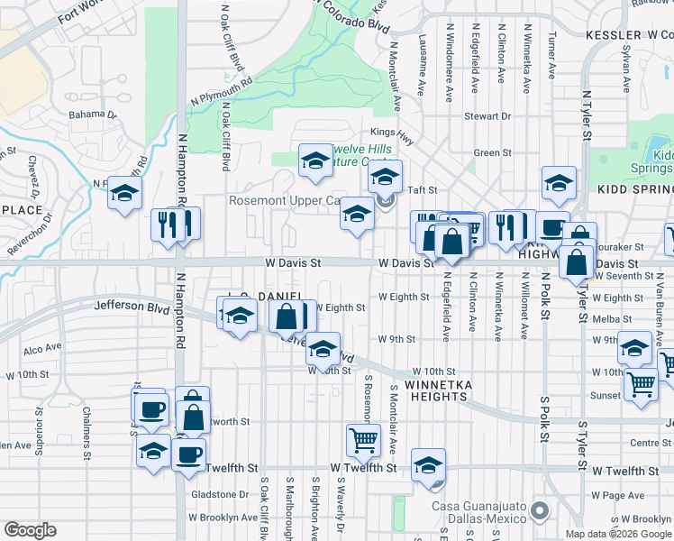 map of restaurants, bars, coffee shops, grocery stores, and more near 1836 West Davis Street in Dallas