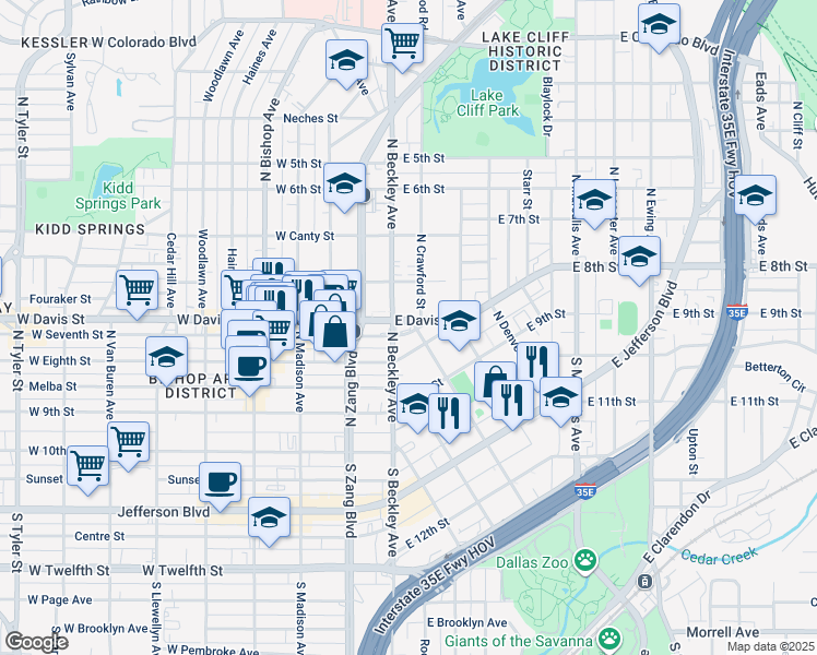 map of restaurants, bars, coffee shops, grocery stores, and more near 152 East Davis Street in Dallas